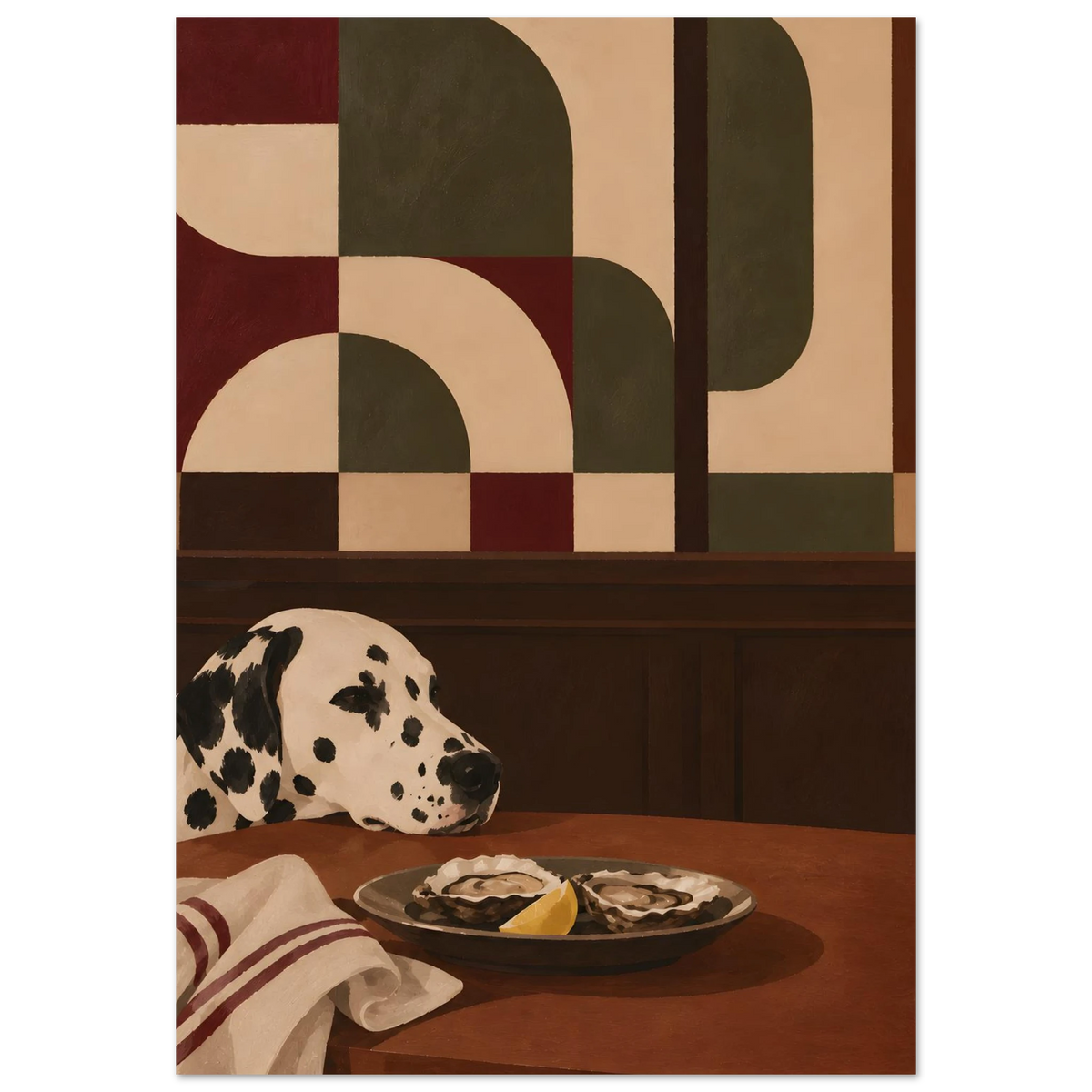 Just One – dalmatiner poster med hund vid middagsbord i varm retroinredning