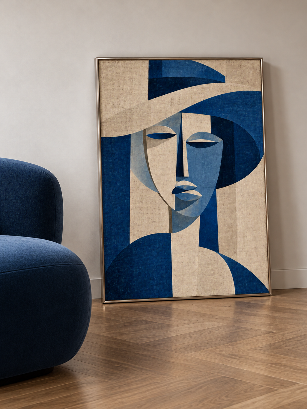 Abstrakt blå poster med geometriska former och retroinspirerad design