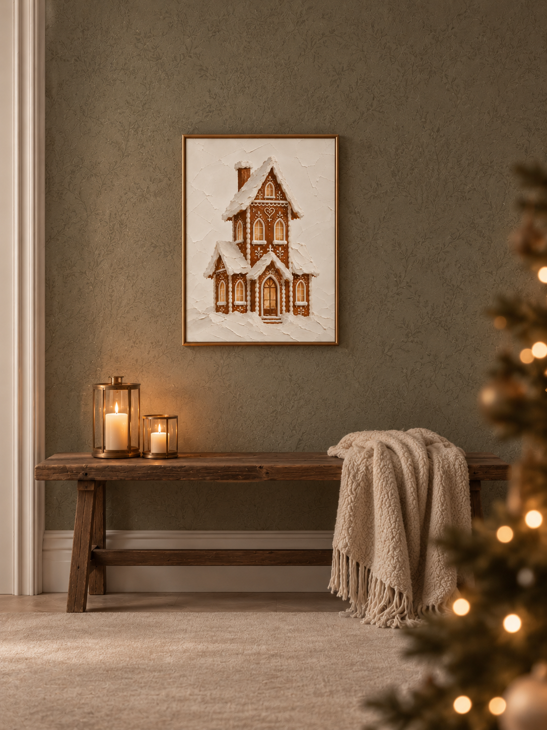 Julposter med snötäckt pepparkakshus ovanför träbänk i varm julinredning