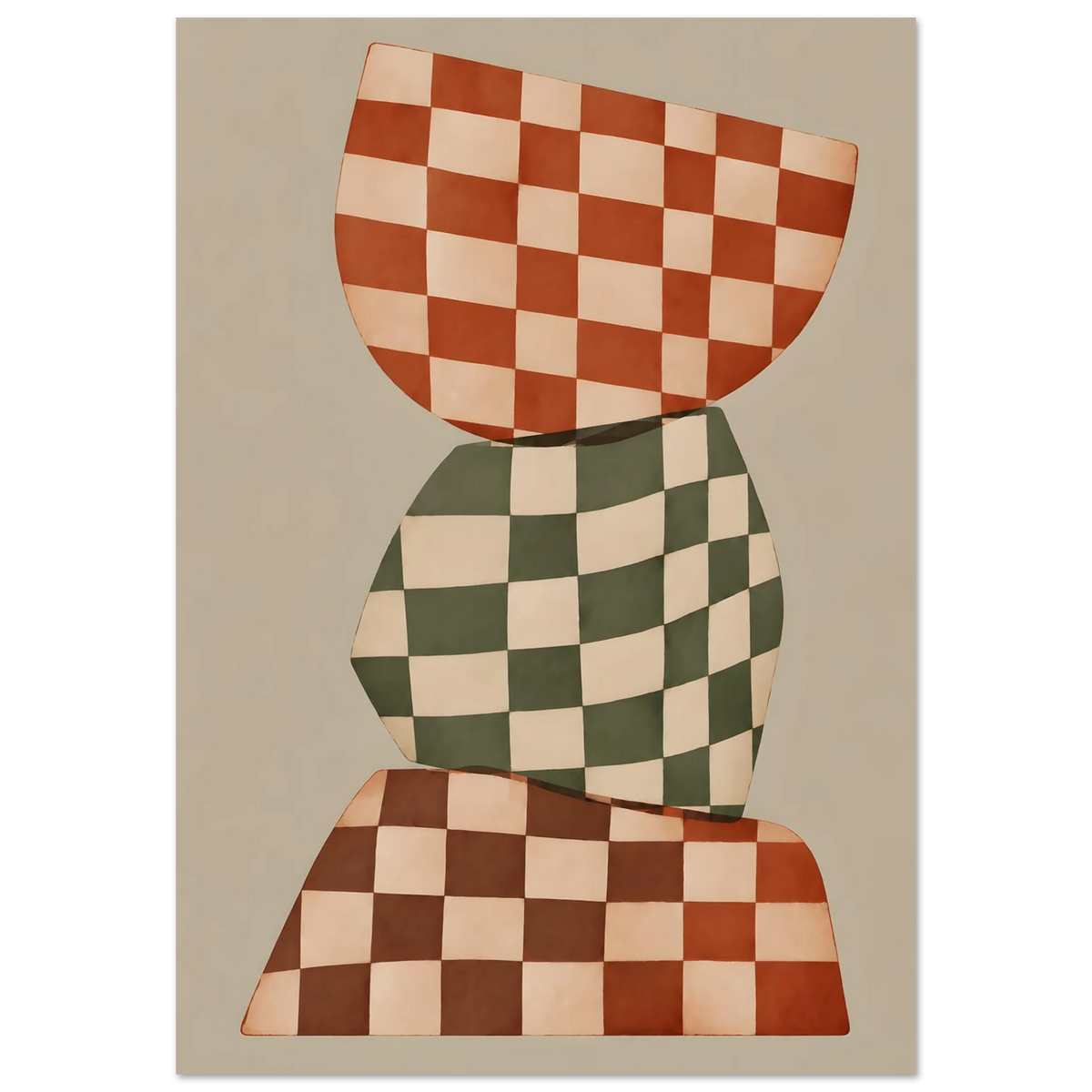 Balancing Act – rutig abstrakt poster med geometriska former i rost, olivgrönt och brunt