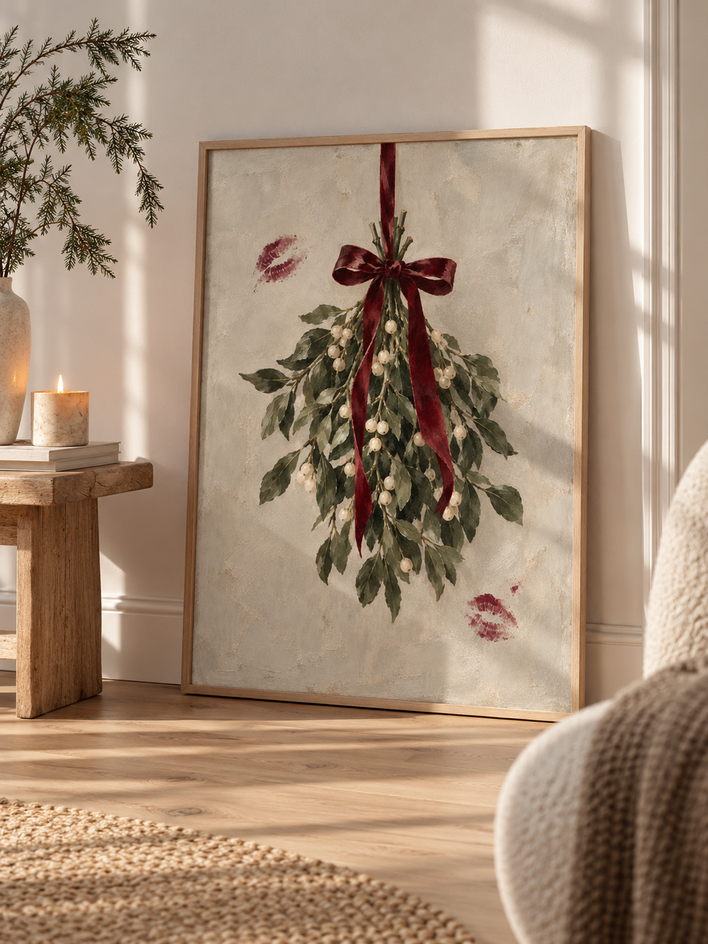 Mistletoe Kiss inramad julposter i varm modern inredning