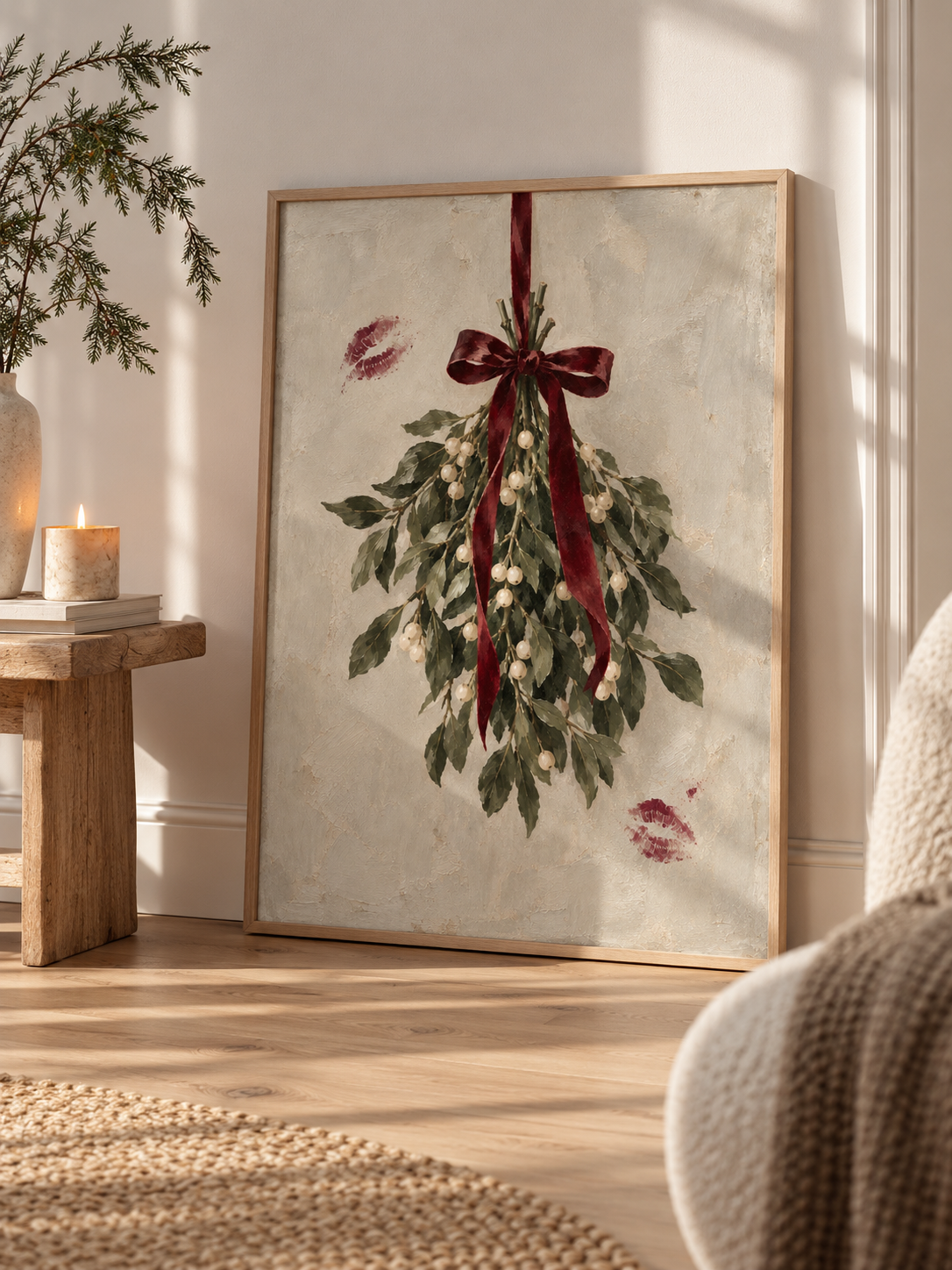 Mistletoe Kiss inramad julposter i varm modern inredning