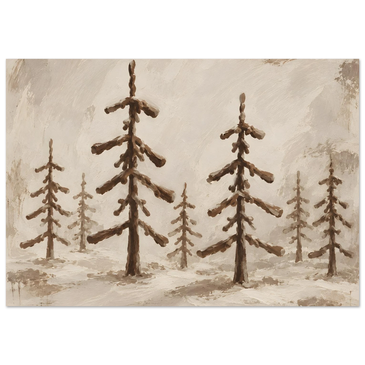 Everwood – naturposter med stiliserade granar i bruna och beige toner mot en ljus, målad vinterbakgrund

5. Övriga alt-texter