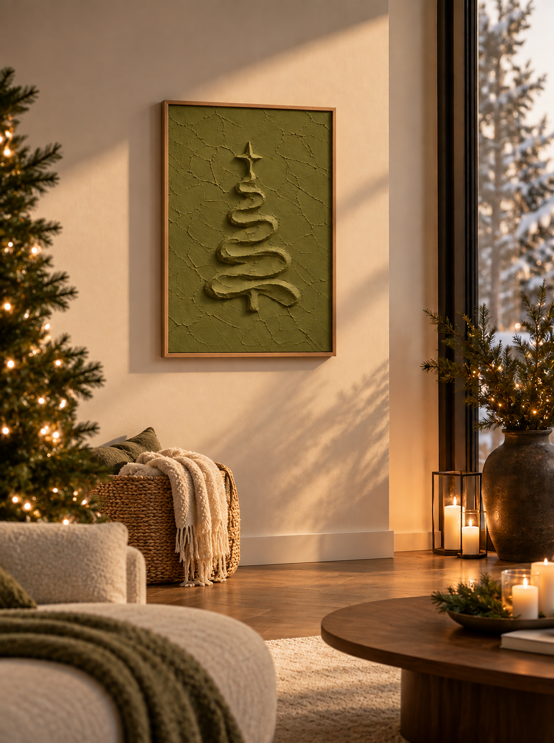 Evergreen och The Bow gröna julposters tillsammans i inredningsmiljö