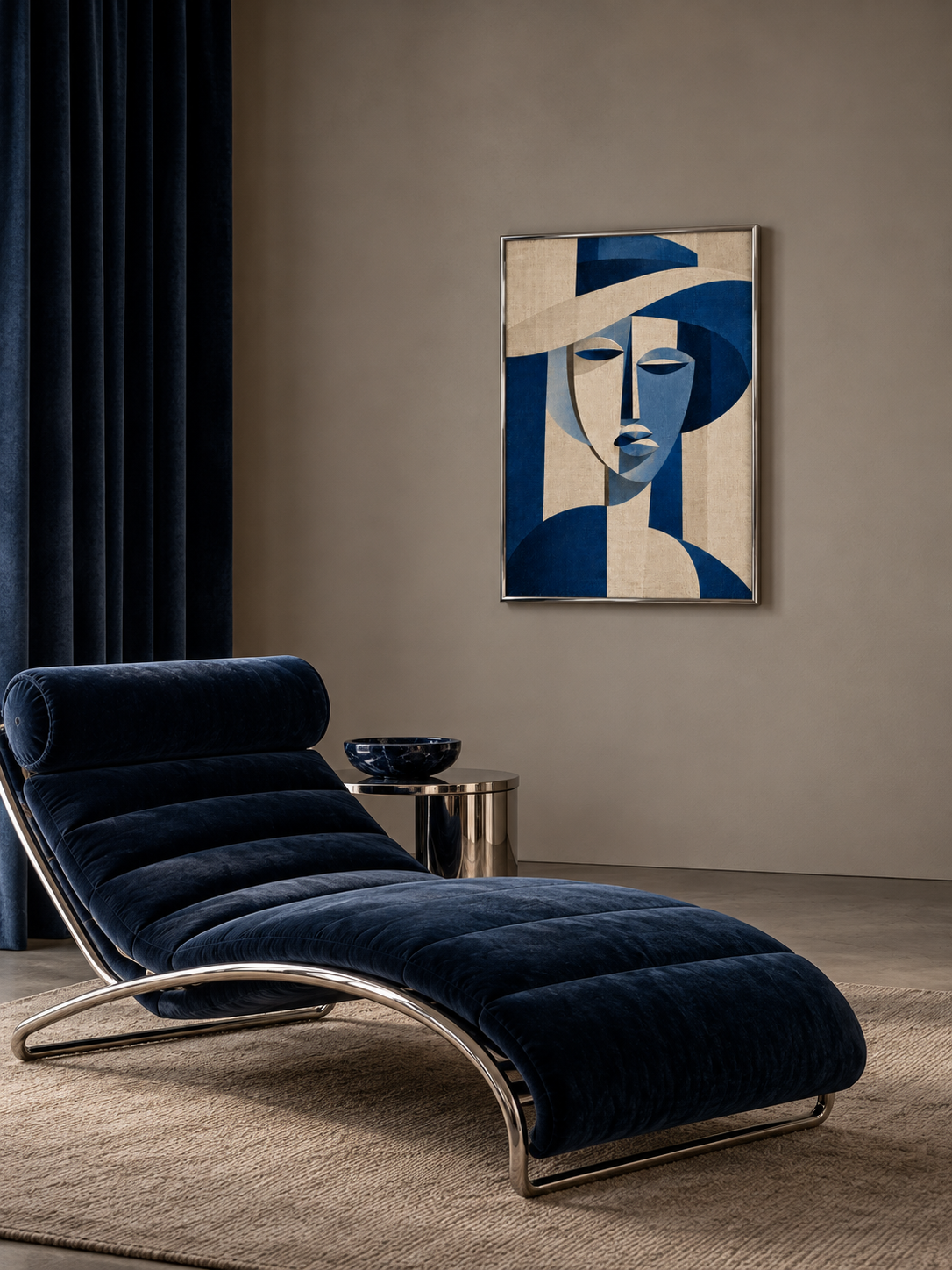 Blå och beige konstposter med kvinnoporträtt i minimalistisk inredning