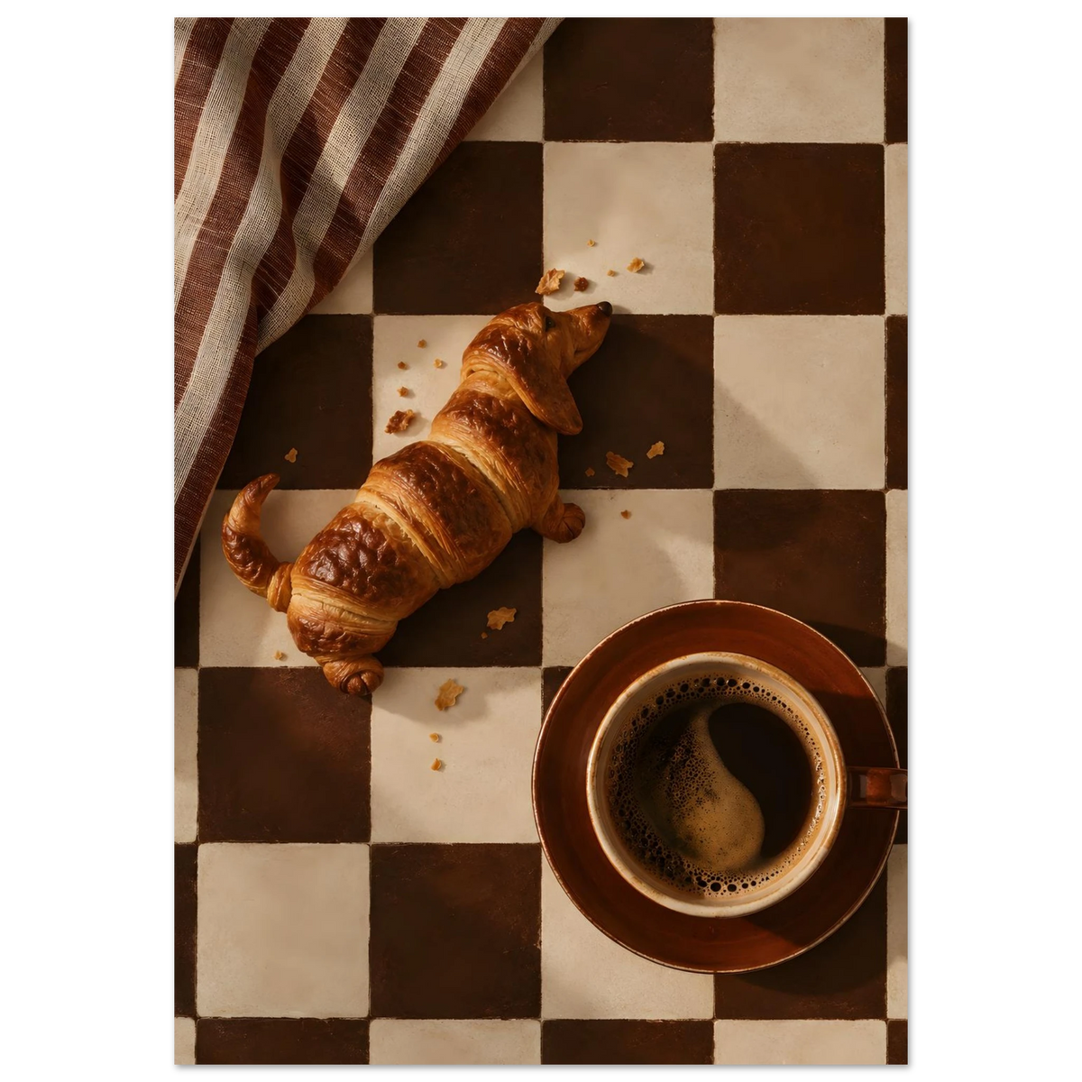 Croissant Hound – köksposter med croissant, kaffe och brunt rutmönster