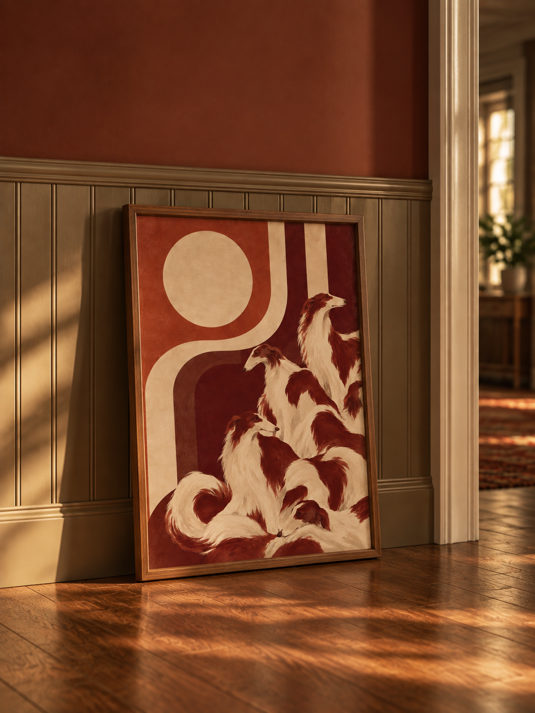 The Quiet Pack inramad hundposter i varm modern inredning