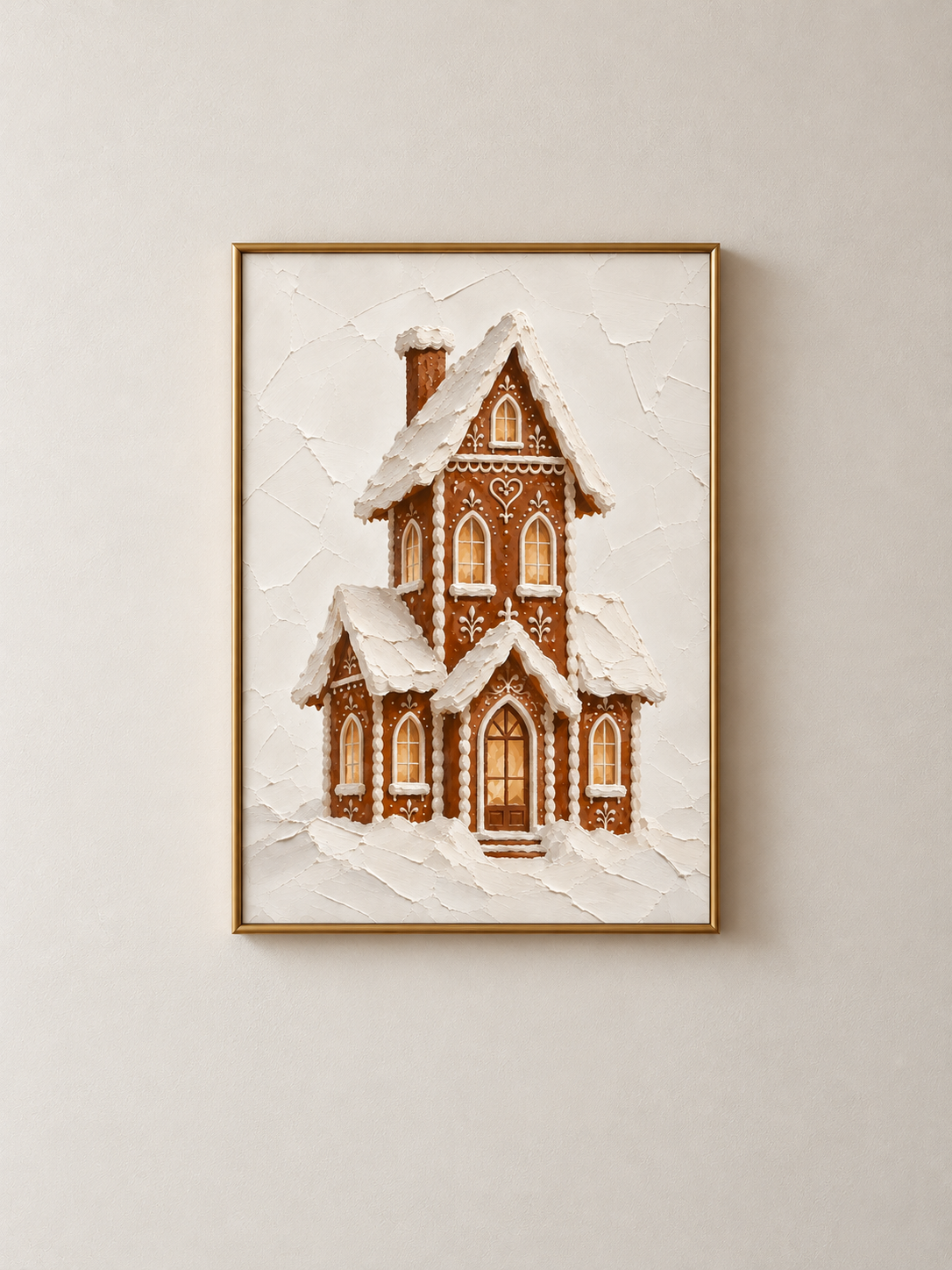 Detaljrikt pepparkakshus med vit kristyr och snötäckta tak mot ljus bakgrund