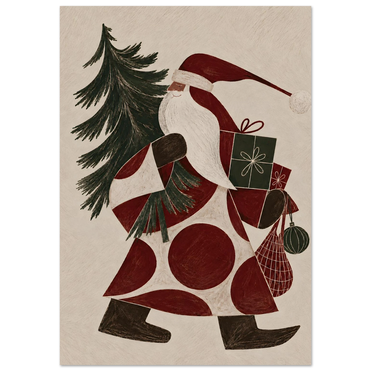 The Giver – julposter med tomte i burgundy och grönt som bär julgran och julklappar