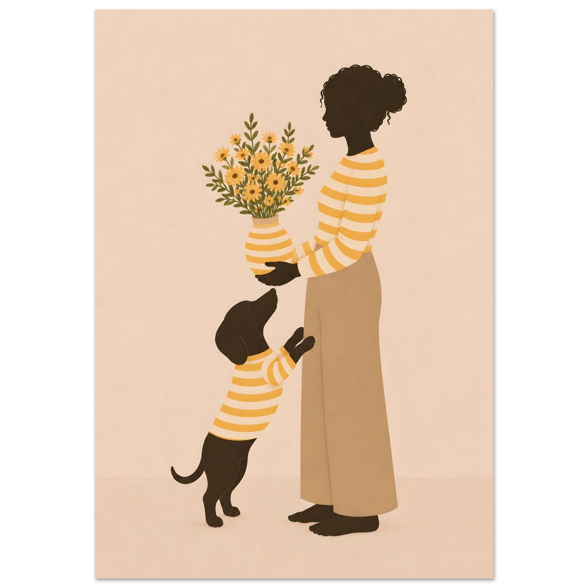 Upptäck Blooming Together – en varm poster med kvinna, hund och blommor i gula, beige och bruna toner. Lekfull väggkonst med modern känsla.