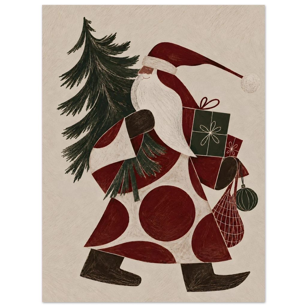 Retroinspirerad julkonst med tomte, gran och geometriska mönster