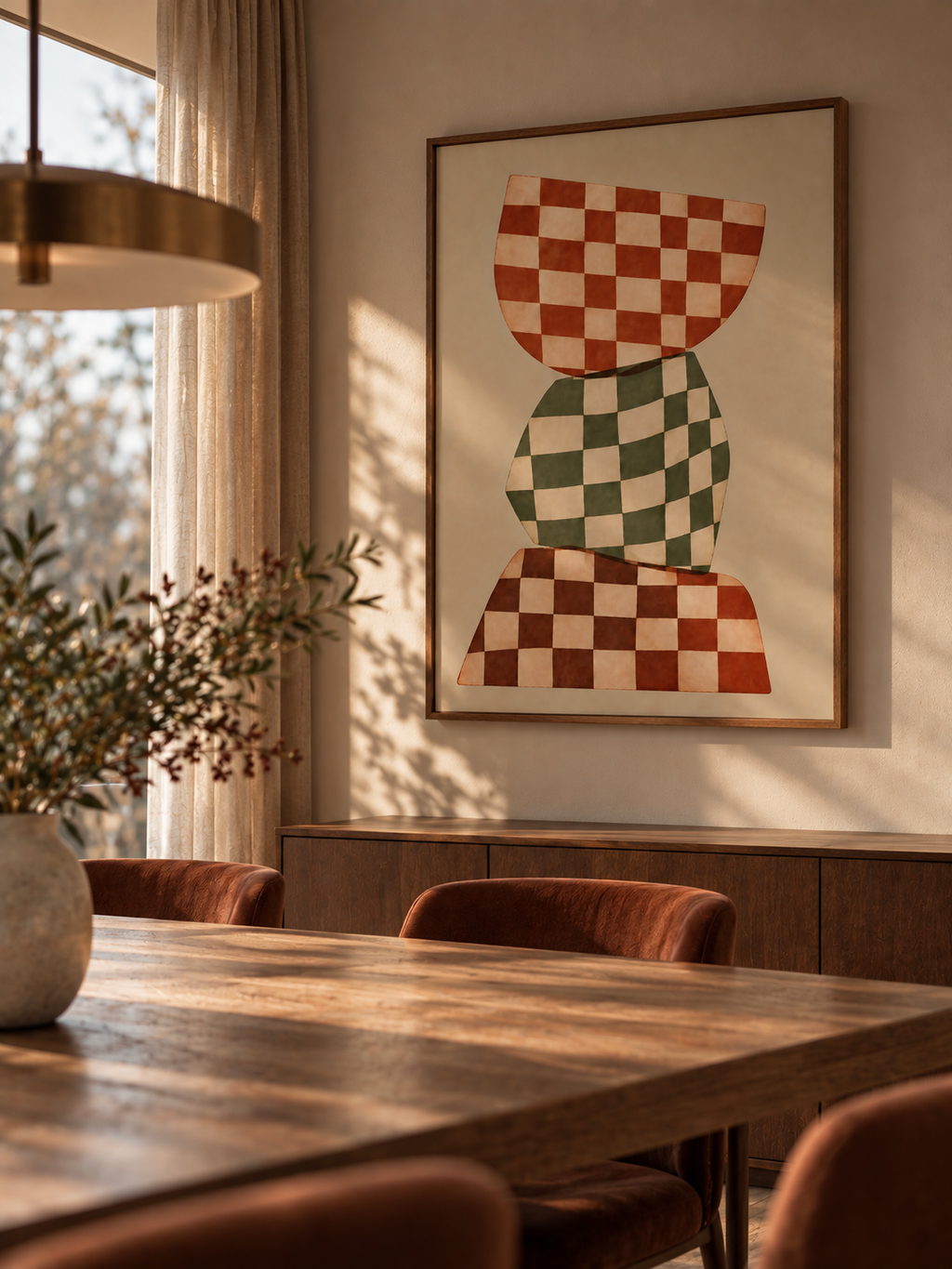 Balancing Act inramad grafisk poster i varm modern inredning